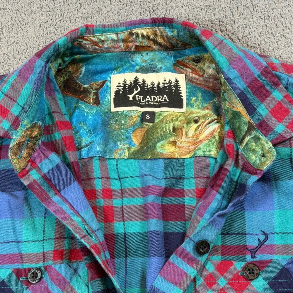 Pladra Womens Flannel Shirt Small Plaid Teal Red Fish Print Lining Made in USA - Picture 4 of 11